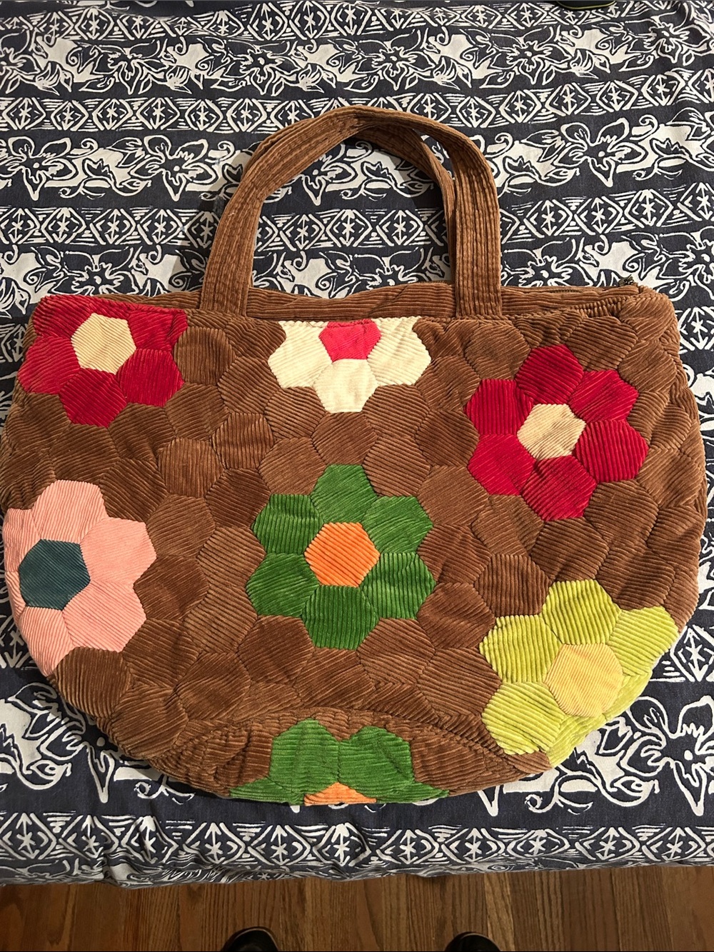 Large Brown Floral Patchwork Corduroy Tote Bag - Multi Color, 22”x15”